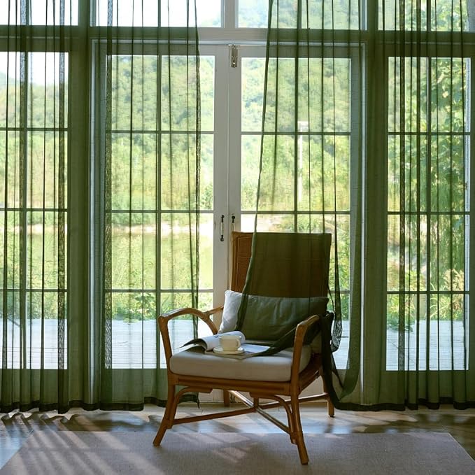 Dark Green Linen Look Sheer Curtains 108 Inches Long 2 Panels, Rustic Textured Light Filtering Drapes, Olive Window Decor, Floor to Ceiling Pinch Pleat Curtain with Hooks