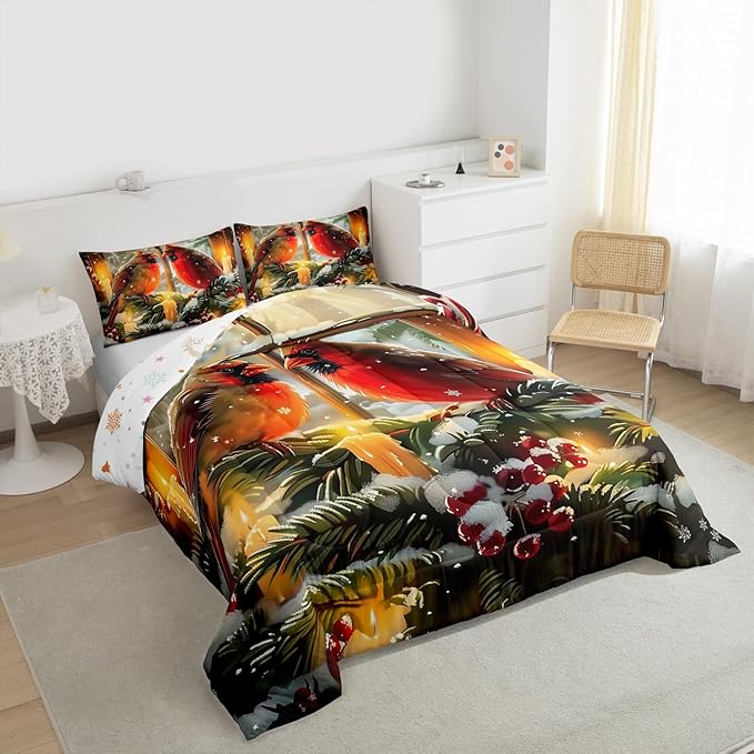 Feelyou Merry Christmas Kids Comforter Set Full Size Cardinal Bedding Set Winter Bird Duvet Quilt for Kids Boys Girls Bedroom Red Berries Decor Microfiber Ultra Soft Breathable