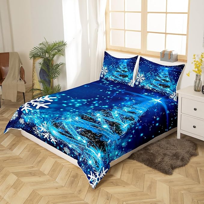 Manfei Blue Xmas Tree Duvet Cover Set Twin Size, White Snowflake Print Comforter Cover with 1 Pillowcase, Christmas Theme Bedding Set 2pcs for Kids Boys Girls Bedroom Decor,No Comforter