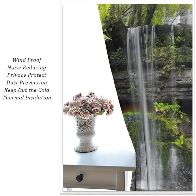 Natural Landscape Waterfall Blackout Curtains, Forest Falls Spring Natural Scenery Green Plant Tree Leaf Rod Pocket Window Drapes, for Bedroom Living Room 52" W X 84" L