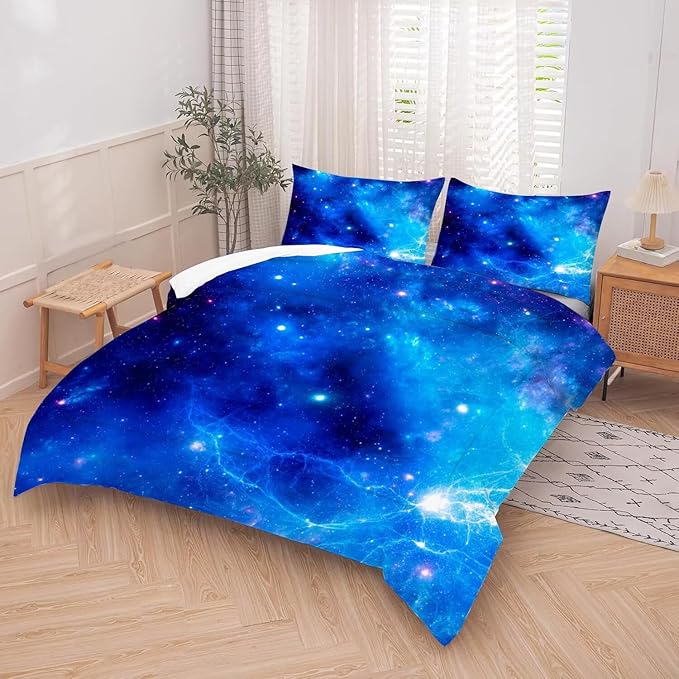 kxry Blue Galaxy Space Comforter Set Twin Size Outer Space Starry Sky Universe Bedding Sets for Girls Teens Kids Soft Microfiber Lightweight Comforter Set with 1 Comforter + 1 Pillow Case