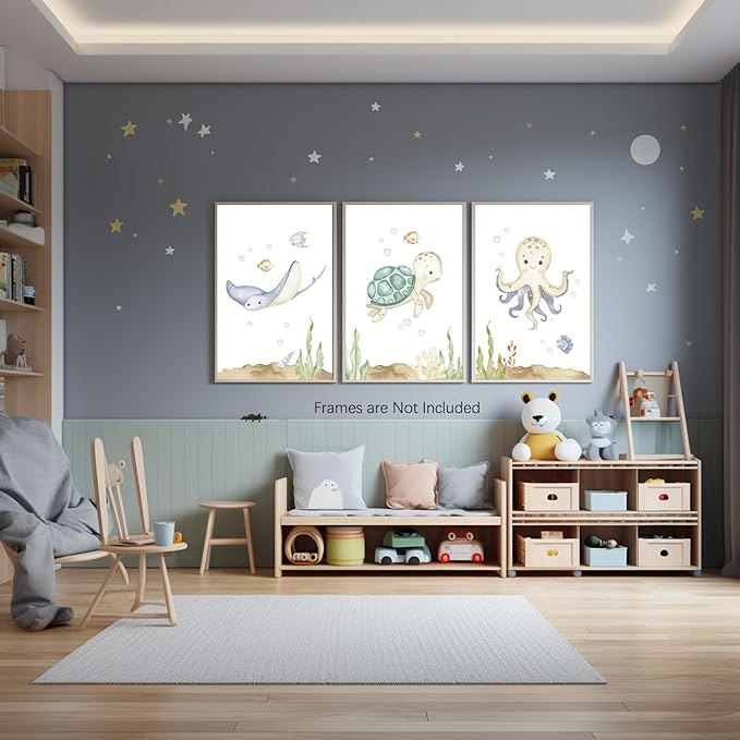 Wodkwq Nursery Wall Art Sea Animal Canvas Prints Baby Girl Boy Room Decor Watercolor Paintings Pictures Cute Ocean Theme Toddler Room Decoration Set of 3 for Kids Bedroom Bathroom 12x16in Unframed