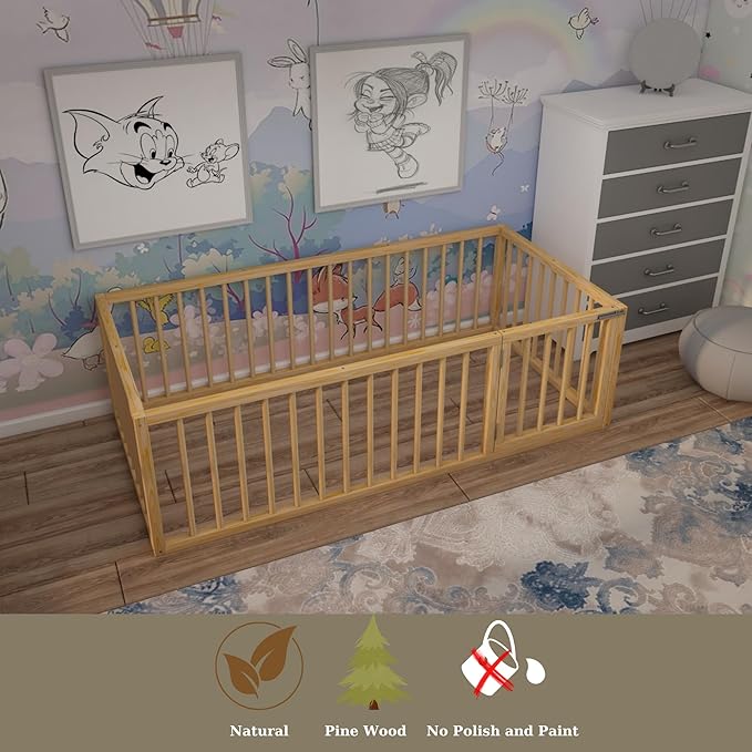Montessori Floor Bed with Door On The Right Side for Toddler | Pine Wood Natural Solid Frame Beds | Sturdy Modern Design Floor Bed Frame for Boy and Girls (Queen, Height: 19 Inches)