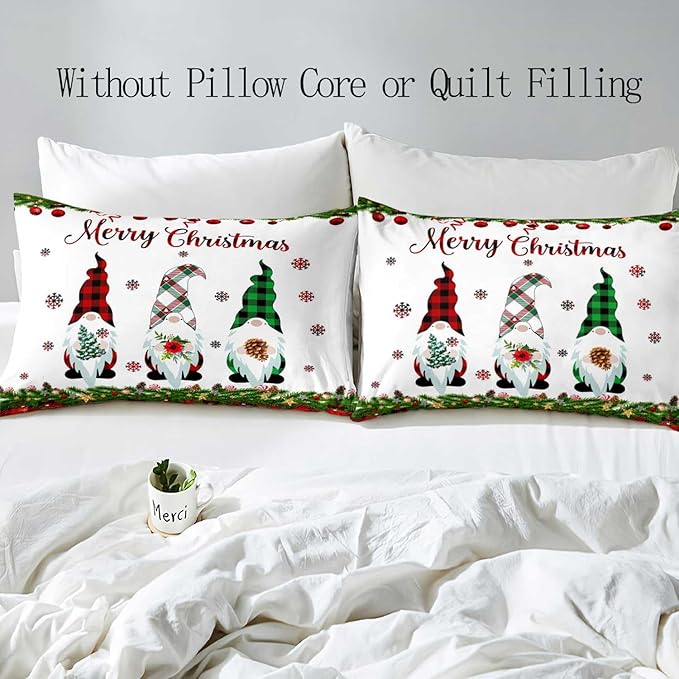 LUVIVIHOME 3PCS Christmas Gnome Duvet Cover Queen, Christmas Bedding, White Duvet Cover, Holiday New Year Santa Claus Snowflake Black Red Checkered Buffalo Plaid Comforter Quilt Cover, 2 Pillow Cases