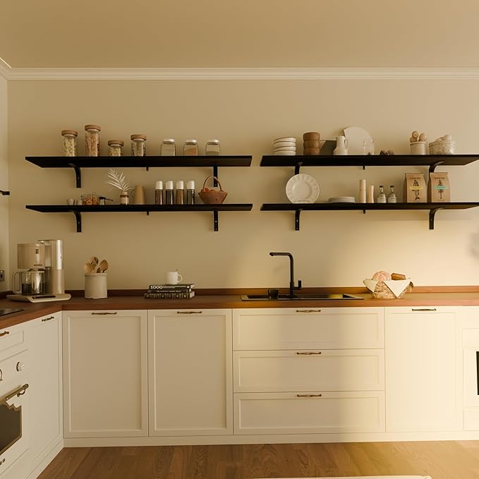 12x60 Inch Rustic Wood Floating Shelves 4-Pack - Farmhouse Black Wall Shelves with 100 lbs Capacity, Easy Installation for Living Room, Kitchen, Bathroom