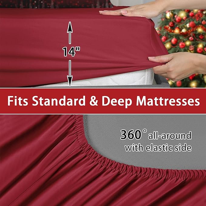 5 Pcs Twin Size Christmas Comforter Set with Pillowcase & Sham, Dark Red Winter Snowflake Bedding for Kids and Adults, Merry Xmas Bed in a Bag with Flat Fitted Sheet