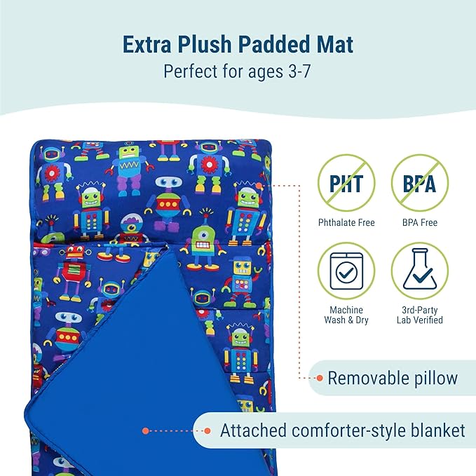 Wildkin Kids Microfiber Nap Mat – Soft Sleep Mat with Pillow, Ideal for School & Travel - Robots