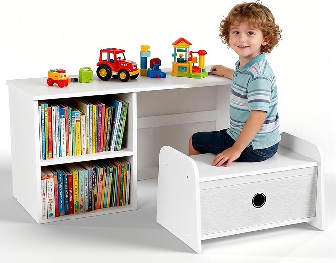 Kids Bookshelf with Bench, Toddler Table with Reading Nook, Montessori Shelf with Fabric Drawer, Toy Organizers and Storage for Kids Rooms, Nursery, Playroom, Bedroom, White
