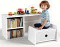 Kids Bookshelf with Bench, Toddler Table with Reading Nook, Montessori Shelf with Fabric Drawer, Toy Organizers and Storage for Kids Rooms, Nursery, Playroom, Bedroom, White
