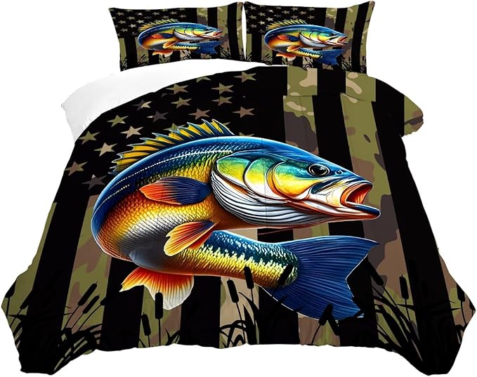Fish American Flag Comforter Set Full/Queen Size Camouflage Bass Bedding Set for Men Boys Teens Fishing Lover Bedroom Green Farmhouse Bed Set Wild Quilted, 1 Comforter 2 Pillowcases