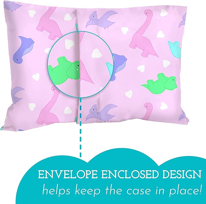 Little Sleepy Head Youth Pillow with Pillowcase 16x22, Soft Jumbo Toddler Pillows, Hypoallergenic Pillow Case - Best Kids Pillows for Sleeping, Perfect Kids Travel Pillows (Dinosaurs Pink)