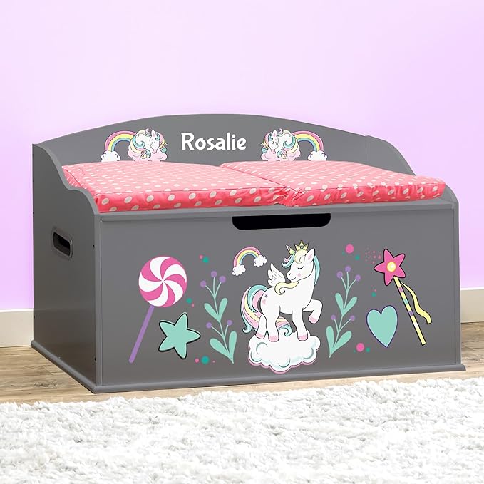 DIBSIES Personalized Creative Wonders Toy Box, Unicorns & Rainbows, 30 x 19.25 x 18 inches, Soft-Close Lid (Dovetail Grey)