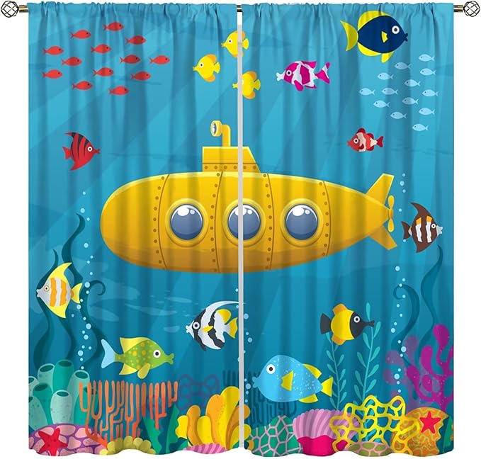 Boy Window Curtains Submarine Window Drapes Yacht Window Treatments Underwater World Oasis Thermal Drapes for Kids Girls Toddler Teens Room Dorm Decor Set 2 Panels,63x72 Inches, Style-1