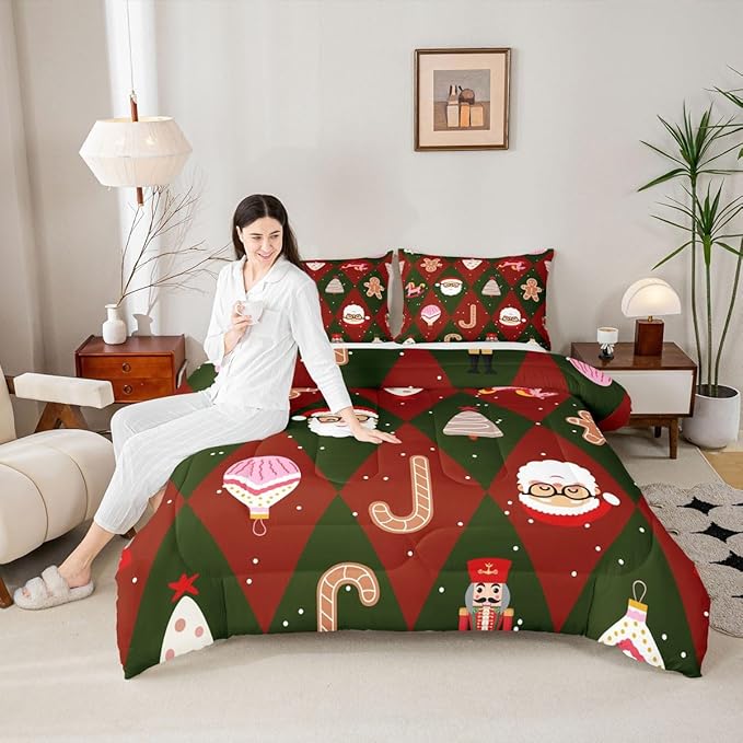 Feelyou Merry Christmas Bedding Set Soft for Boys Girls, Santa Claus Comforter Set Queen Size Xmas Tree Nutcracker Soldier Duvet Quilt Gingerbread Man Bedroom Decor 3 Pcs with 2 Pillow Cases