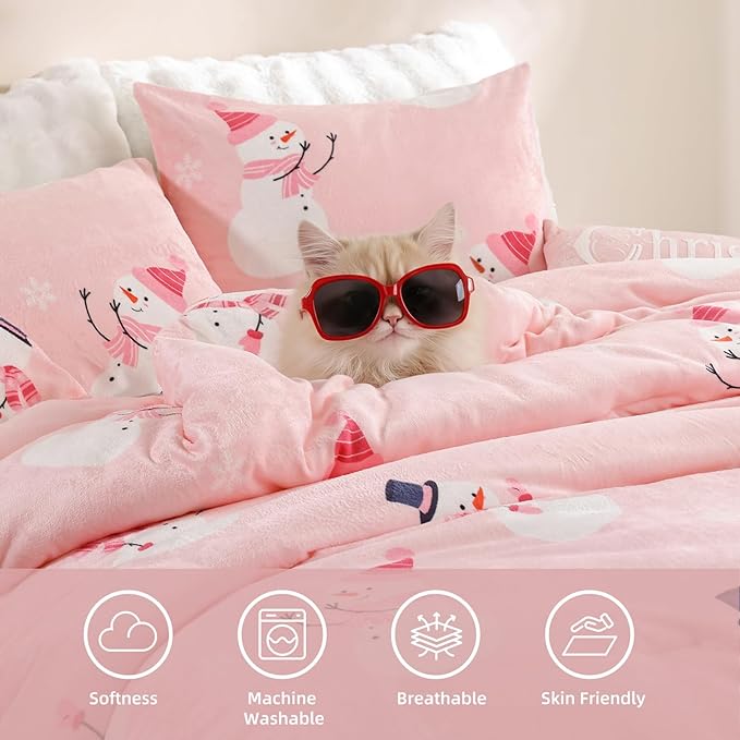 JANZAA Christmas Comforter Set Queen, Pink Flannel Comforter with Snowman Pattern, Soft Cozy Lightweight Bedding Set Fluffy Comforter Set 1 Queen Comforter(90"*90") and 2 Pillowcases (20"*26")