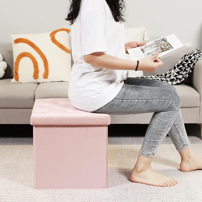 B FSOBEIIALEO Storage Ottoman Cube, Velvet Tufted Folding Ottomans with Lid, Footstool Rest Padded Seat for Bedroom (Pink, Medium)