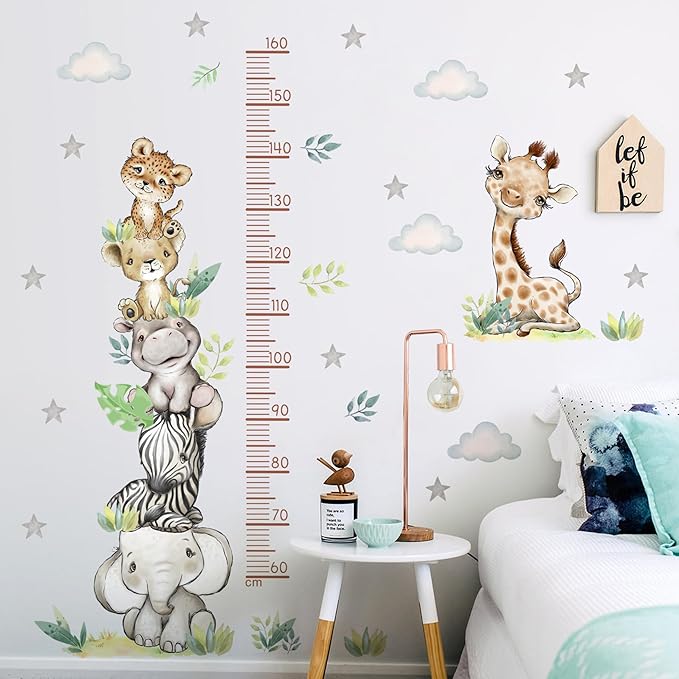 Jungle Animals Height Chart Sticker for Kids Height Measurement Growth Chart Wall Decals Cartoon Animals Giraffe Elephant Height Measurement Ruler Wall Decor for Kids Baby Bedroom Classroom Decoration
