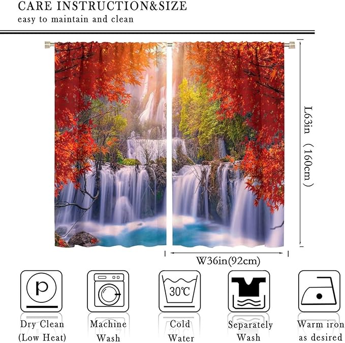Forest Waterfall Blackout Windows Curtains, Autumn Red Green Maple Leaves Jungle Rainforest Natural Scenery Landscape Curtains, for Living Room Bedroom 72x63in 2 Panels