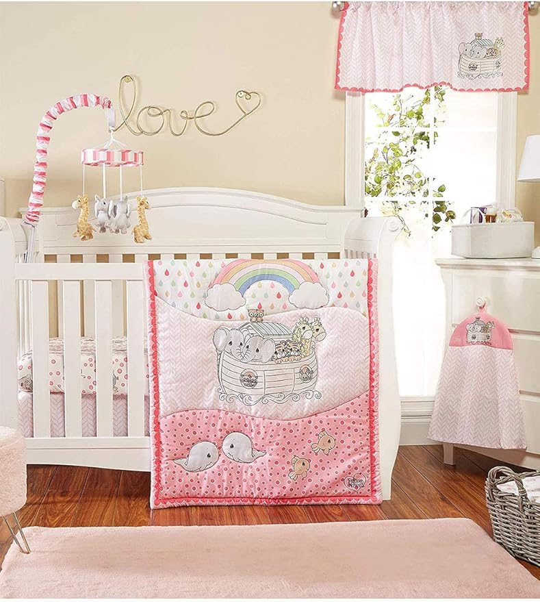 EVERYDAY KIDS Precious Moments Noah’s Ark 4 Pc Crib Bedding for Girls Nursery Set Includes Baby Bed Quilt, Fitted Sheet, Dust Ruffle and Diaper Stacker with Sweet Images of Elephants and Giraffes
