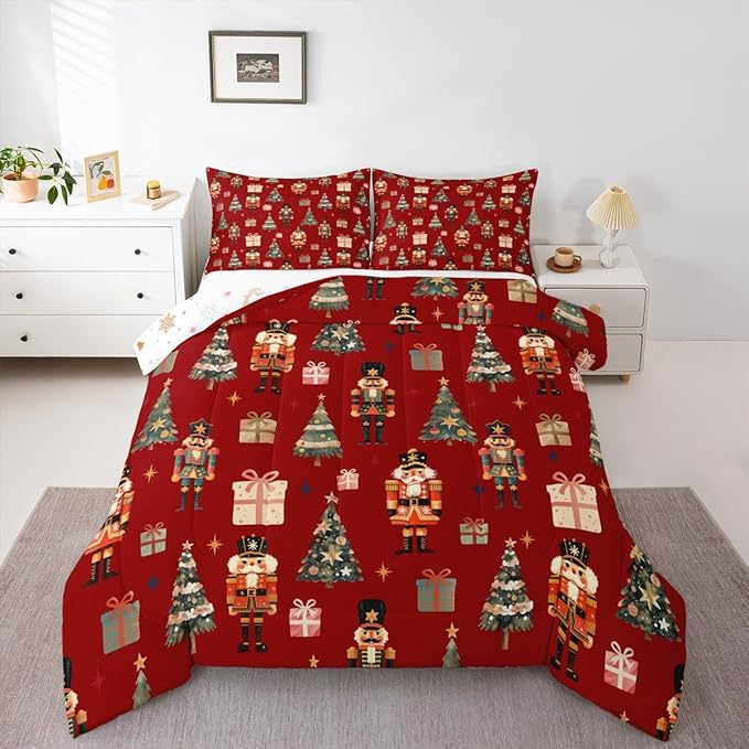jejeloiu Xmas Nutcracker Comforter Set Twin Size Christmas Red Bedding Set for Kids Boys Girls Cute Snowflakes Duvet Quilt Bedroom Decor