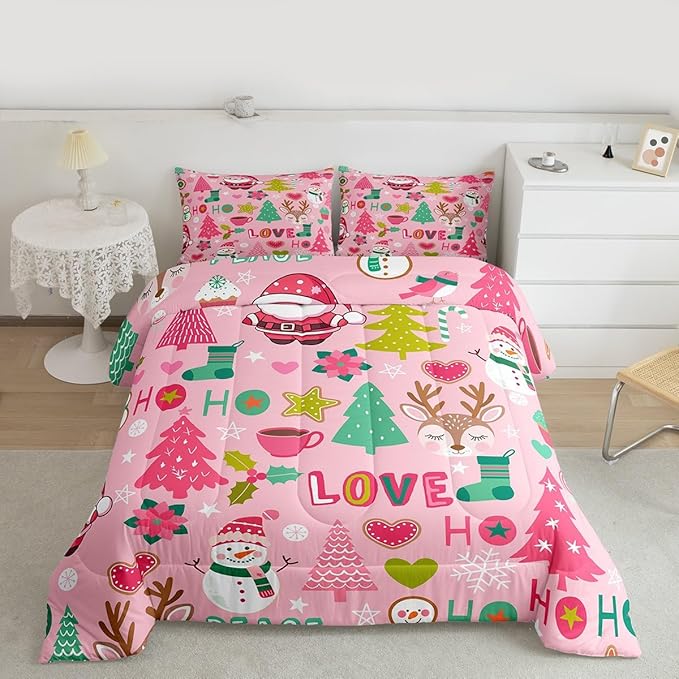 Manfei Xmas Pink Comforter Set King Size, Santa Claus Snowman Deer Trees Bedding Set 3pcs for Kids Girls Adults Room Decor, Christmas Theme Down Comforter New Year Quilt Set with 2 Pillowcases