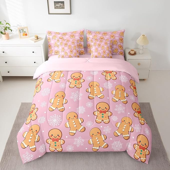 Erosebridal Christmas Gingerbread Full Bedding Set 7 Piece,Cute Gingerbread Man Bed in A Bag,Xmas Snowflake Comforter Set Girls Sheet Set with Comforter,Pink Christmas Decoration