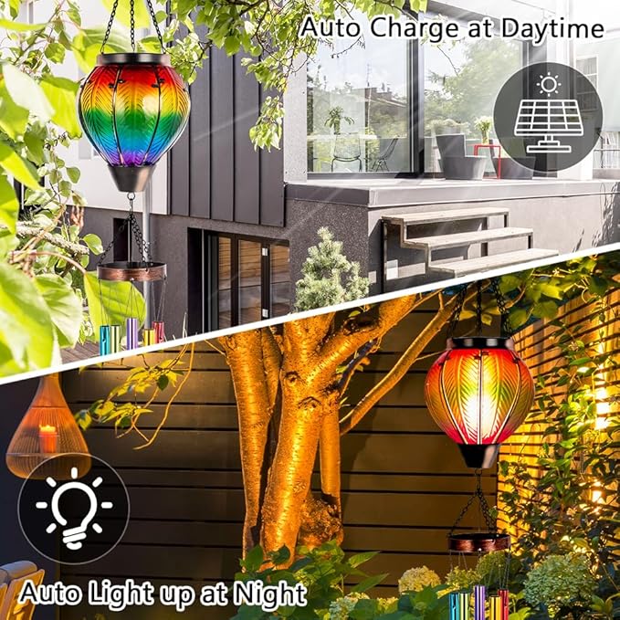 Starsoul Solar Wind Chimes for Outside, Flickering Flame Light Glass Solar Hot Air Balloon Wind Chimes, Outdoor Garden Windchimes Gift for Mothers Day, Christmas, Women, Grandma