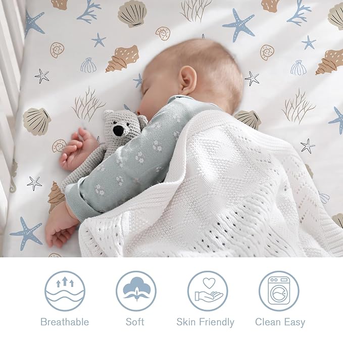Little Grape Land Crib Sheets for Boys, 2-Pack Soft Microfiber Fitted Baby Crib Mattress Sheets – Breathable, Oeko-TEX Certified, Fits Standard Crib and Toddler Bed (Shells & Blue)
