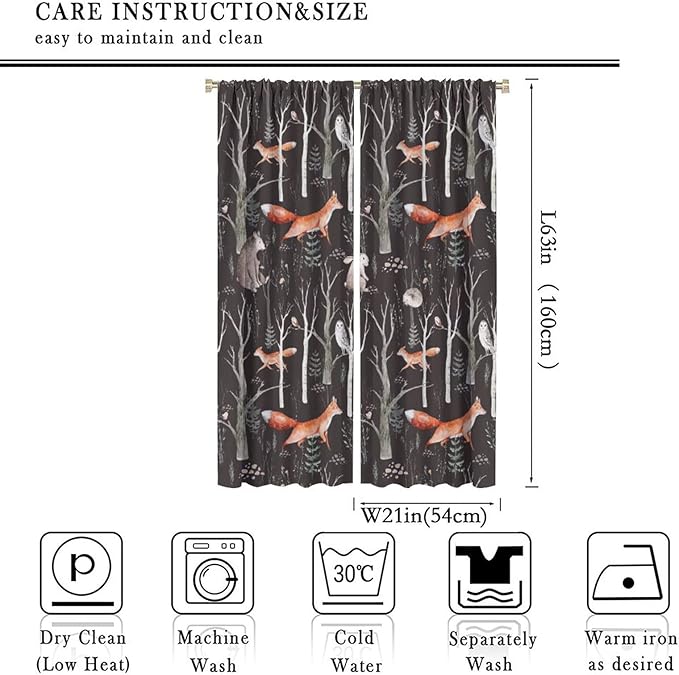 Rustic Forest Curtain, Woodland Country Hunting Animal Deer Fox Wildlife Bear Farmhouse Lodge Cabin Blackout Rod Pocket Windows Door Curtain for Bedroom Living Room Home Decor 42x63in