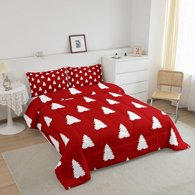 Feelyou Red Christmas Trees Bedding Set for Kids Boys Girls Queen Size Xmas Comforter Set Ultra Soft Winter Comforter Holiday Decor Duvet Quilt Bedroom Decor Christmas Ornaments Quilt
