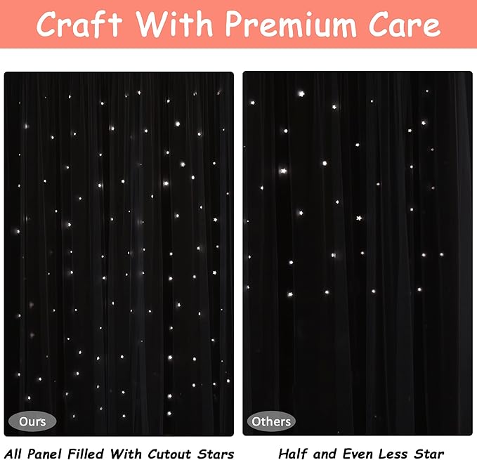 Kinryb Princess Curtains for Girls Bedroom with Sheer Overlay,Double Layer Curtain for Living Room with Star Cutout, Curtains for Kids Room (52 W*84 L Inches,2 Pcs Coral)