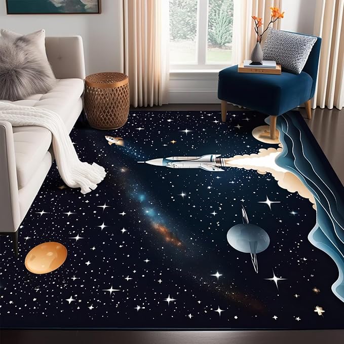 5' x 7' Space Rocket Rug for Kids Bedroom Black Stars Rugs Galaxy Carpet Planet Printed Throw Rugs for Boys Teens Living Room,150x210cm