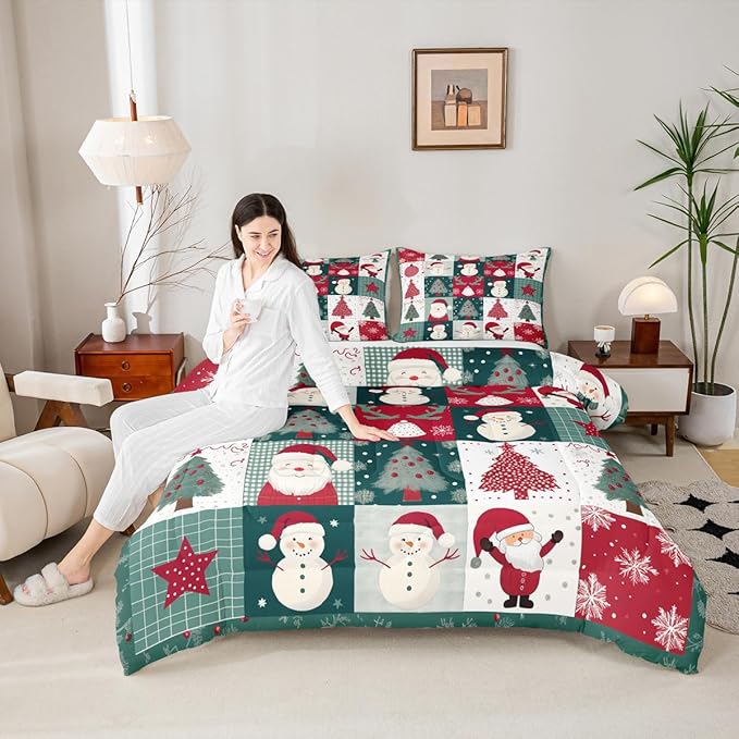 Feelyou Merry Christmas Comforter Set All Season Xmas Tree Snowman Bedding Set with 2 Pillow Cases Santa Claus Microfiber Kids Full Bedclothes Patchwork Bedroom Decor Duvet Quilt Breathable Soft