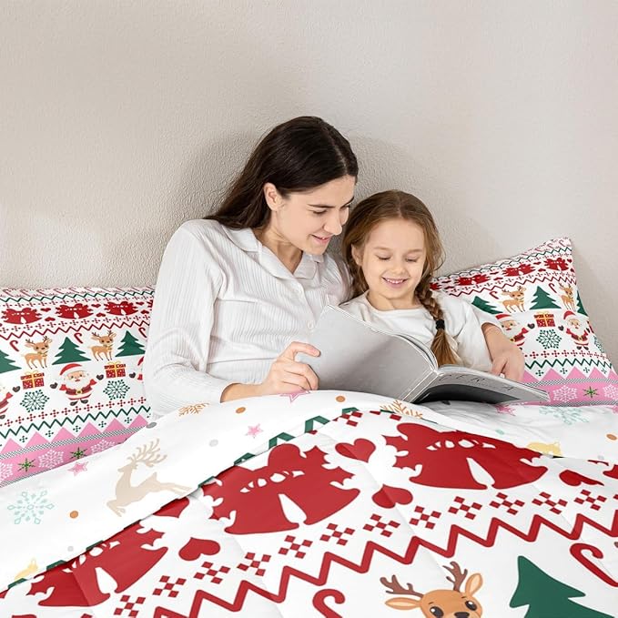 Feelyou Merry Christmas Comforter Set All Season Santa Claus Bedding Set with 1 Pillow Cases Cute Deer Microfiber Kids Toddler Bedclothes Snowflake Bedroom Decor Duvet Quilt Breathable Soft