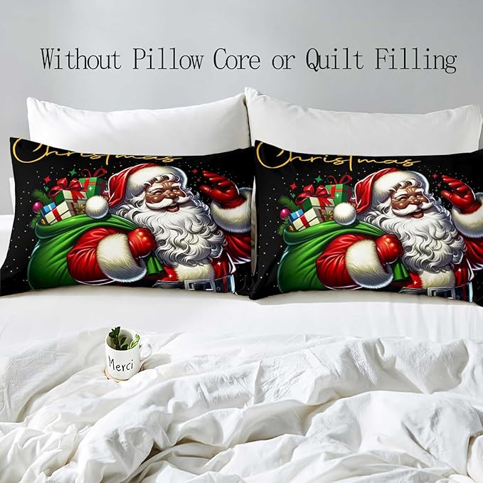 LUVIVIHOME 2PCS Black Santa Claus Duvet Cover Twin Bedding Sets, Christmas Bedding, Holiday Xmas Gifts Black Comforter Quilt Cover, African American Christmas Decorations, Bed in a Bag, 1 Pillow Sham