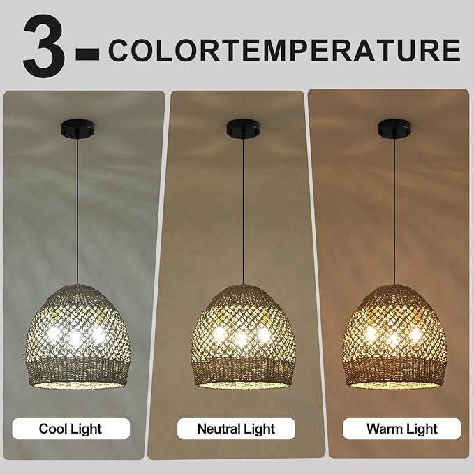 Rattan Pendant Light 13.39" Boho Coastal Hanging Wicker Hand-Woven Seagrass Chandelier for Kitchen Islands Farmhouse 3-Light