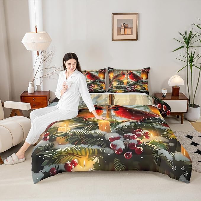 Feelyou Merry Christmas Kids Comforter Set Twin Size Cardinal Bedding Set Winter Bird Duvet Quilt for Kids Boys Girls Bedroom Red Berries Decor Microfiber Ultra Soft Breathable