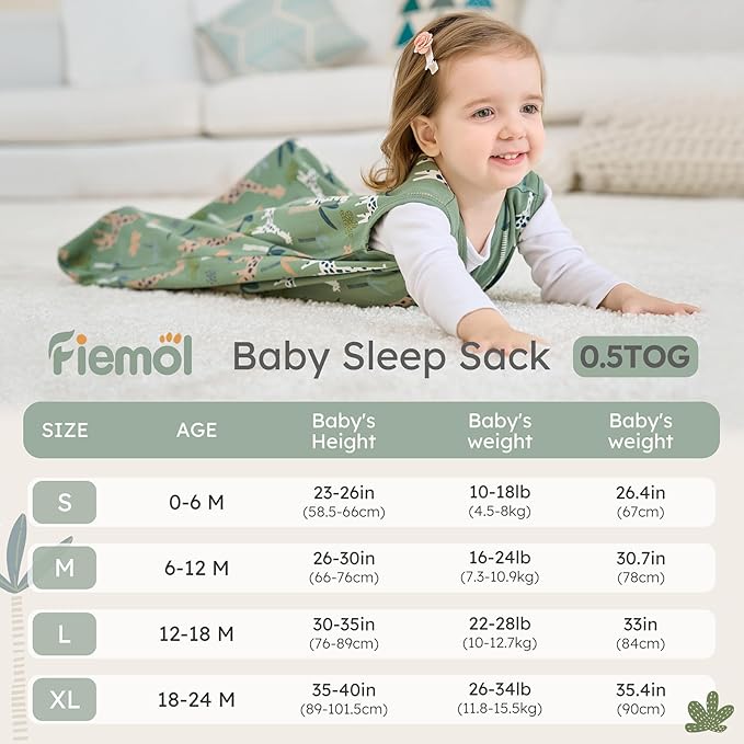 Baby Sleep Sack 0-6 months, 100% Cotton Sleeping Sack for Newborn and Infant, 3 Pack Baby Wearable Blanket for Boy and Girl, 0.5 Tog Lightweight Double Zipper Sleep Bag Green Brown Giraffe