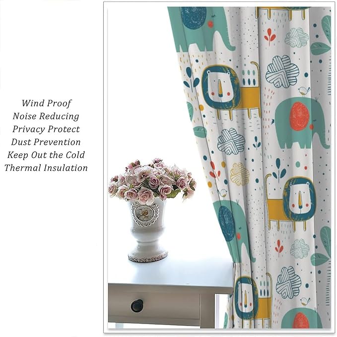 Cute Lions Blackout Curtains for Kids Bedroom,Cartoon Tropical Plants Birds Elephants Print Pattern Window Drapes,Funny Animal Thermal Insulation Curtain for Nursery Baby Room 42x54 Inch