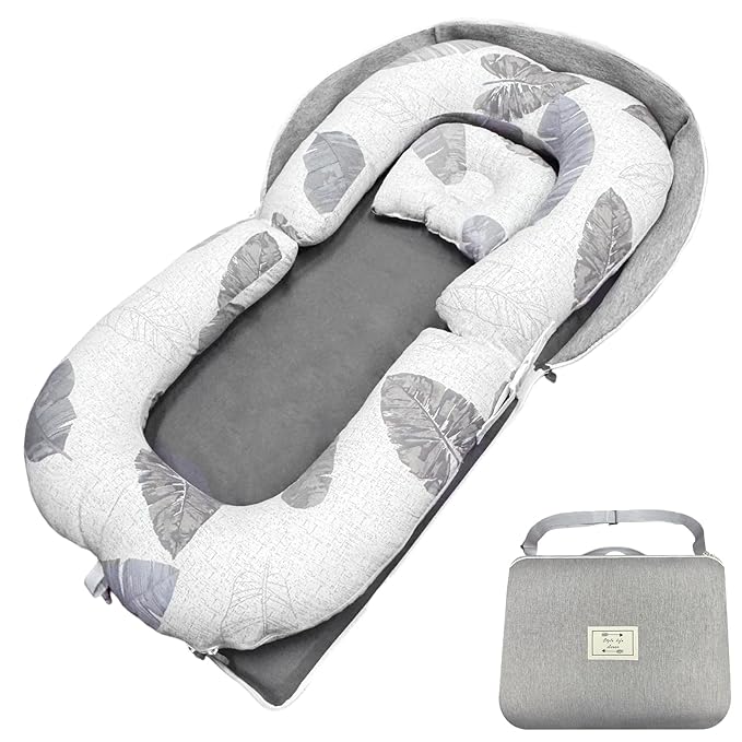 3-in-1 Baby Lounger Nests for Newborn, Foldable Infant Tummy Time Mat & Seated Support for 0-24M, Breathable Portable Baby Essentials Adjustable Soft Cotton Floor Seat for Home & Travel -Leaves