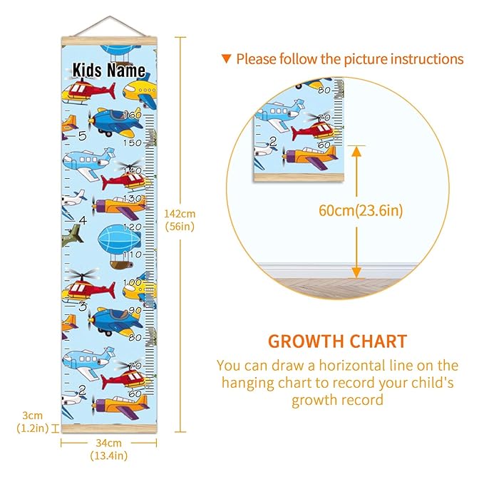 Personalized Kids Name Growth Chart Ruler for Wall Wood Frame Height Measure Chart 13.4x56 in Linen Hanging Height Growth Chart Cartoon Airplane Aircraft Kids Room Decor