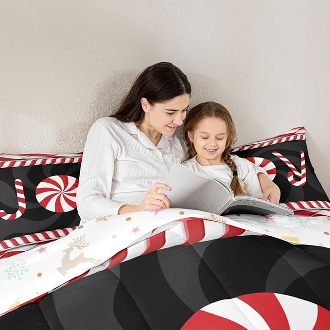 Kids Merry Christmas Comforter Set Twin Size,Holiday Joy Sweet Candies Bedding,Girls Boys Adults Bedroom/Xmas Cabin Decor,Wave Geometric Retro Down Comforter,Red Black Duvet Insert,1 Pillowcase
