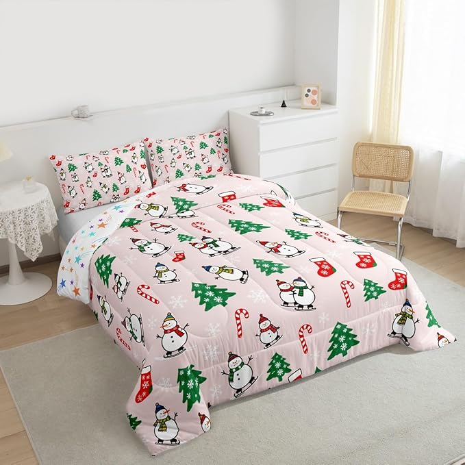 Feelyou Pink Christmas Comforter Set Queen Size Snowman Bedding Set for Kids Boys Girls Snowflake Duvet Quilt Xmas Tree Bedroom Decor Microfiber 3 Pcs with 2 Pillow Cases