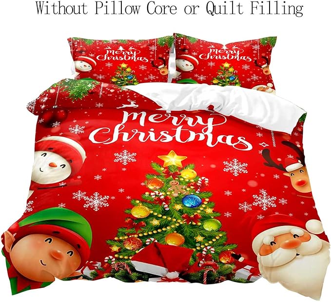 LUVIVIHOME 3PCS Christmas Duvet Cover Queen Bedding, Kids Bedding, Santa Claus Snowman Reindeer Elf Snowflake Christmas Tree Holiday New Year Xmas Red Christmas Comforter Quilt Cover, 2 Pillow Shams