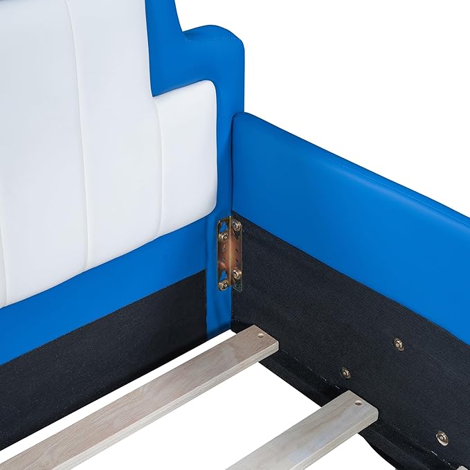 Twin Size Race Car-Shaped Platform Bed with Wheels, Unique Design Floor Bed with PU Leather Headboard and Safety Guardrails, Wood Slat Support for Kids,Boys,Girls (Blue-100A)