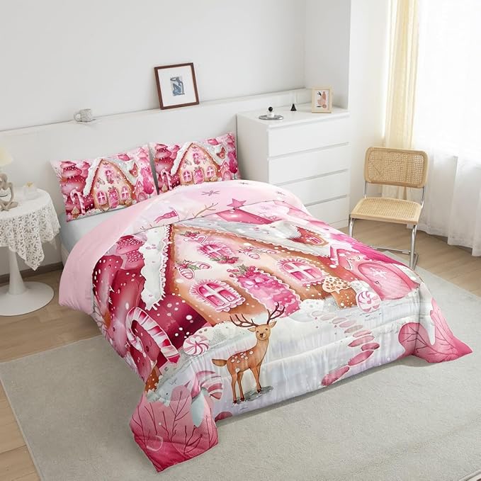 jejeloiu Kids Christmas Theme Comforter Set King Size Pink Xmas Candy Cane House Bedding Set for Boys Girls Teens Cute Cartoon Deer Winter Animal Happy New Year Duvet Quilt Room Decor