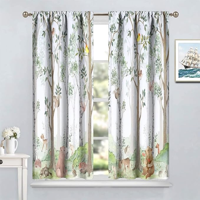Kids Watercolor Woodland Animal Window Curtains, Bear Deer Squirrel Hedgehog Fox Birds Green Forest Blackout Rod Pocket Treatment for Boys Girls Bedroom 84x84in