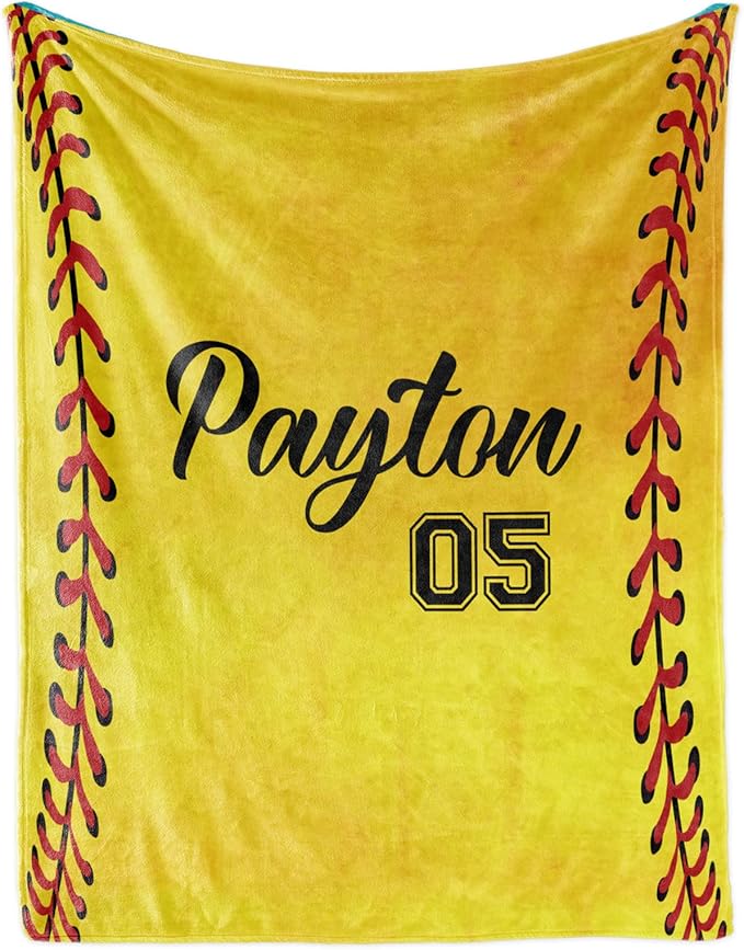 Personalized Softball Kids Blanket with Naumber and Name - Custom Sport Bed Blankets Gift for 0-3 Months Baby Essential - Super Warm and Comfortable 50x60inch
