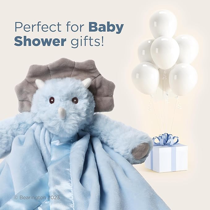 Bearington Lil’ Tracer Dinosaur Loveys for Babies - 15" Soft and Cuddly Baby Security Blanket with Satin Trim - Light Blue Lovies for Baby Girls and Boys - Comfort Toy and Snuggle Buddy for Newborns