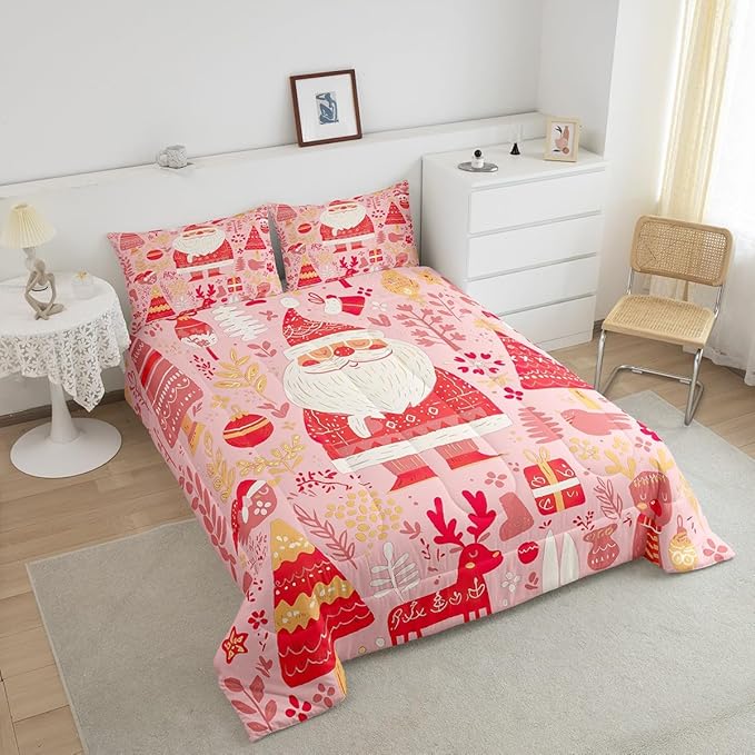 Feelyou Cute Santa Claus Bedding Set for Kids Boys Girls Twin Size Xmas Deer Elk Decor Comforter Set Ultra Soft Comforter Xmas Tree Duvet Quilt Bedroom Decor Christmas Decor Quilt